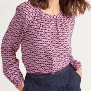 Boden Naomi Button Up Blouse Viscose Rosebay Ribbons Pink Burgundy | sz 12